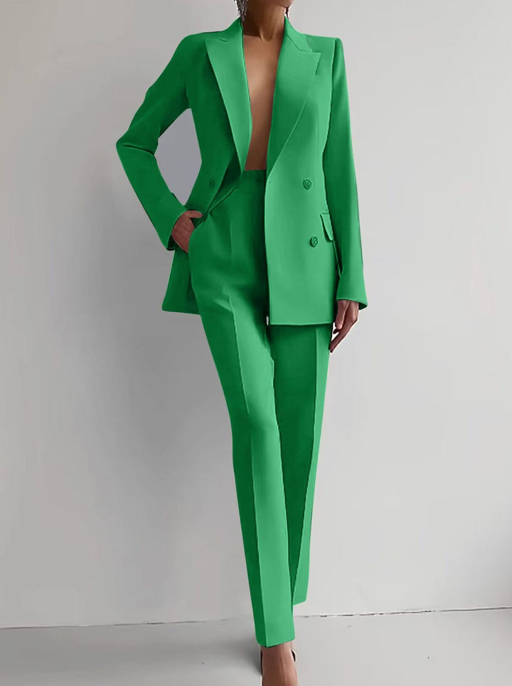 Women's Tailored Double-Breasted Blazer Pants Suit Set - Green