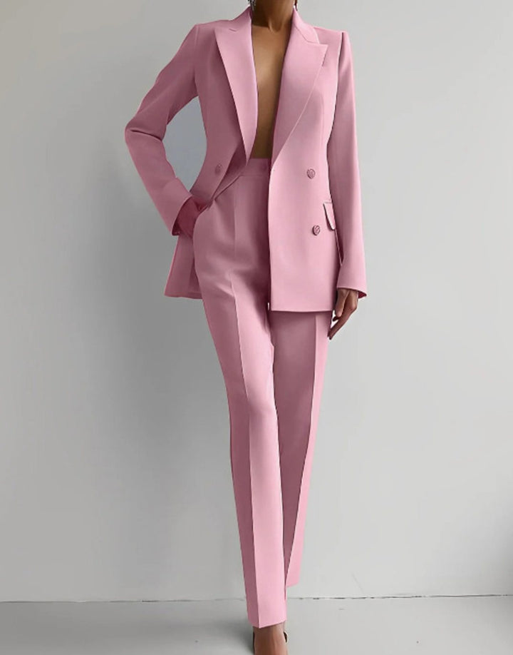 Women's Tailored Double-Breasted Blazer Pants Suit Set - Pink
