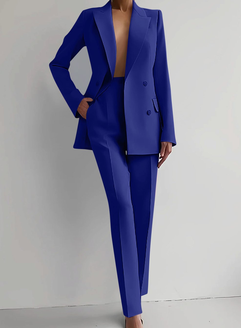 Women's Tailored Double-Breasted Blazer Pants Suit Set - Blue