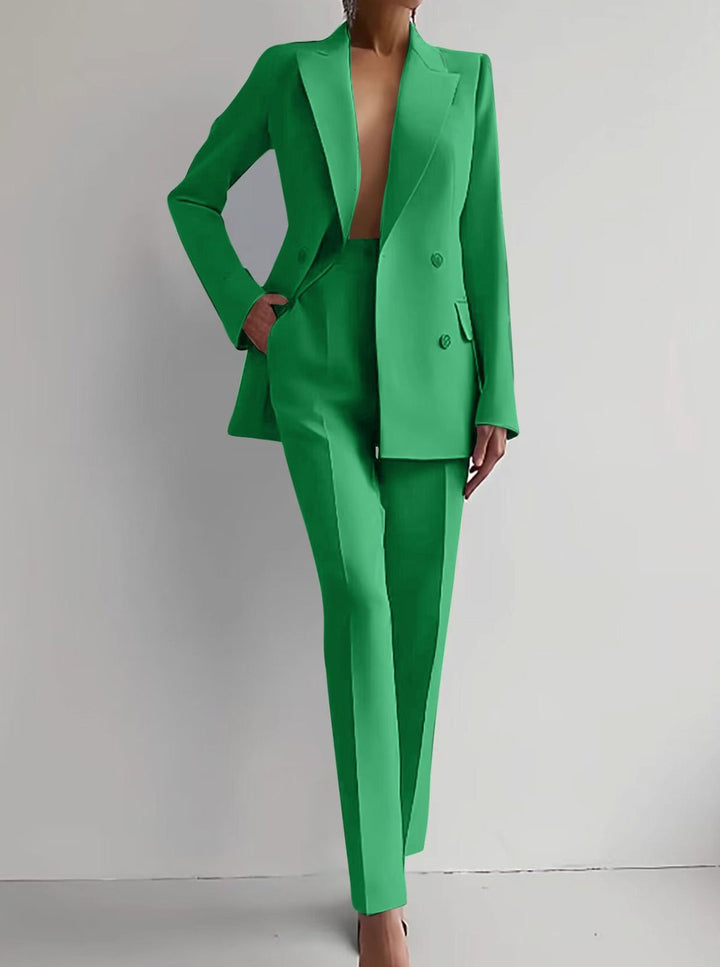Women's Tailored Double-Breasted Blazer Pants Suit Set - Dark Green