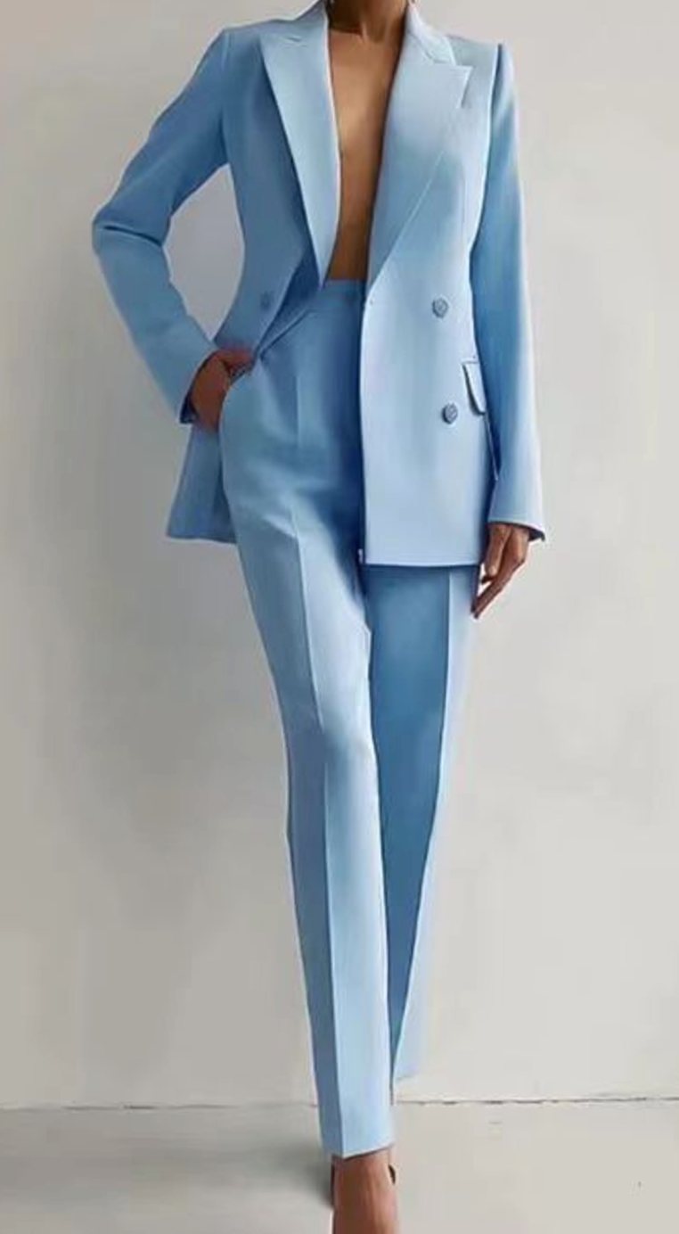 Women's Tailored Double-Breasted Blazer Pants Suit Set - Light Blue