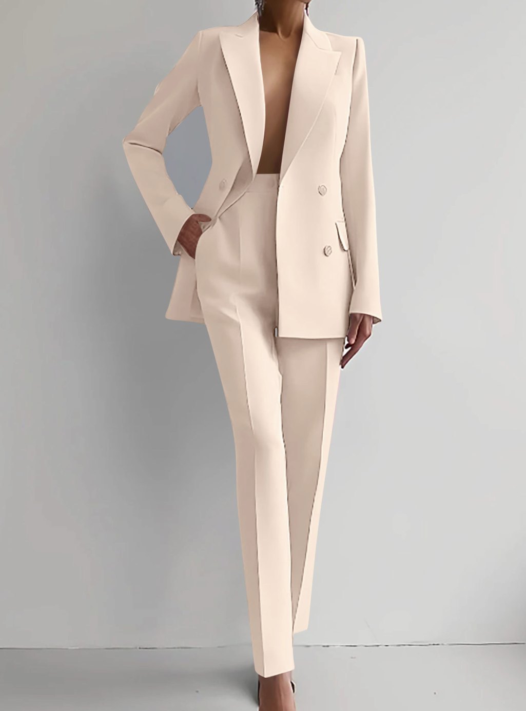 Women's Tailored Double-Breasted Blazer Pants Suit Set - Off White