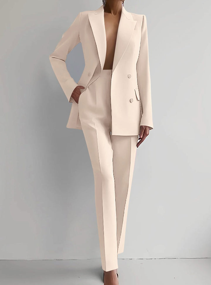 Women's Tailored Double-Breasted Blazer Pants Suit Set - Off White