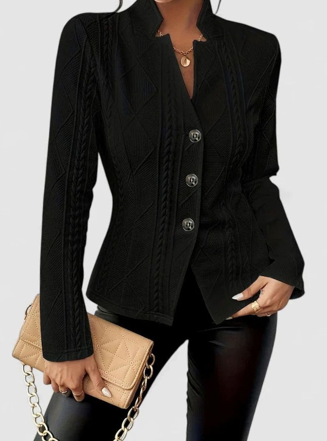 Women's Tailored-Fit Button-Front Textured Elegant Blazer - Black
