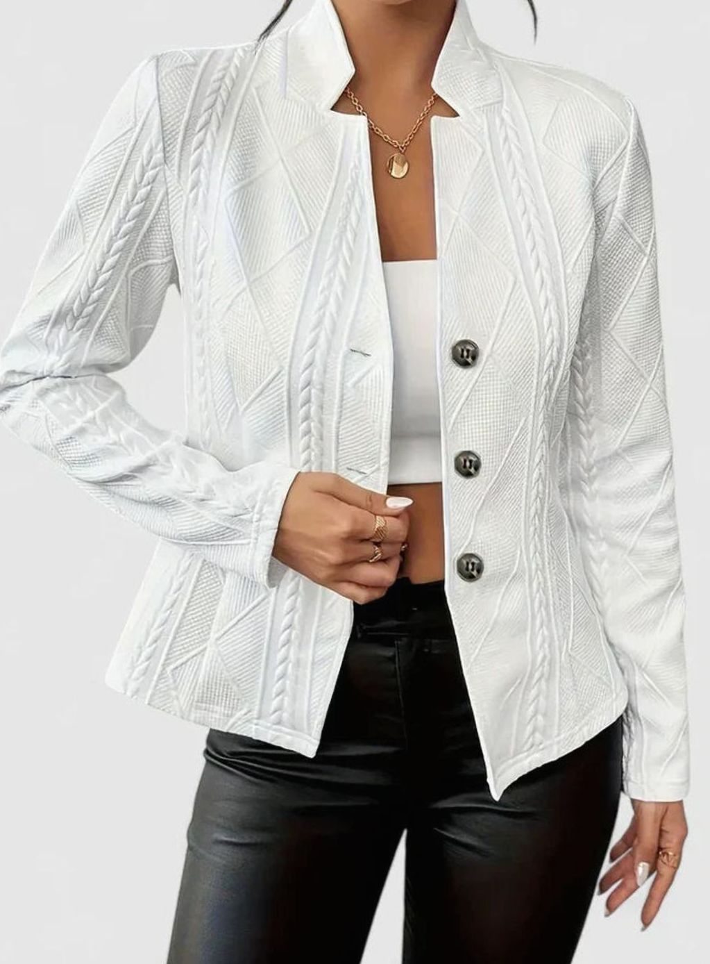 Women's Tailored-Fit Button-Front Textured Elegant Blazer - White