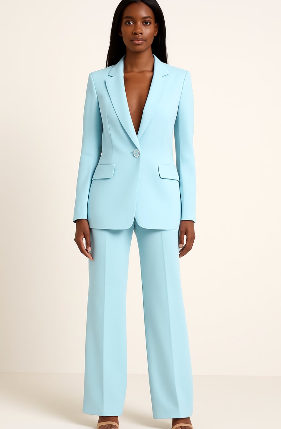 Women's Tailored Single-Button Blazer Wide-Leg Suit Set - Turquoise