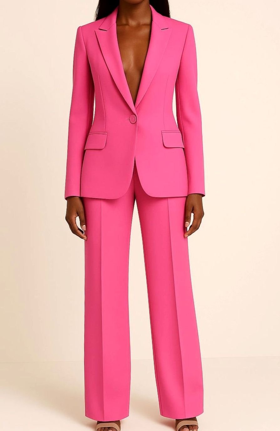 Women's Tailored Single-Button Blazer Wide-Leg Suit Set - Pink