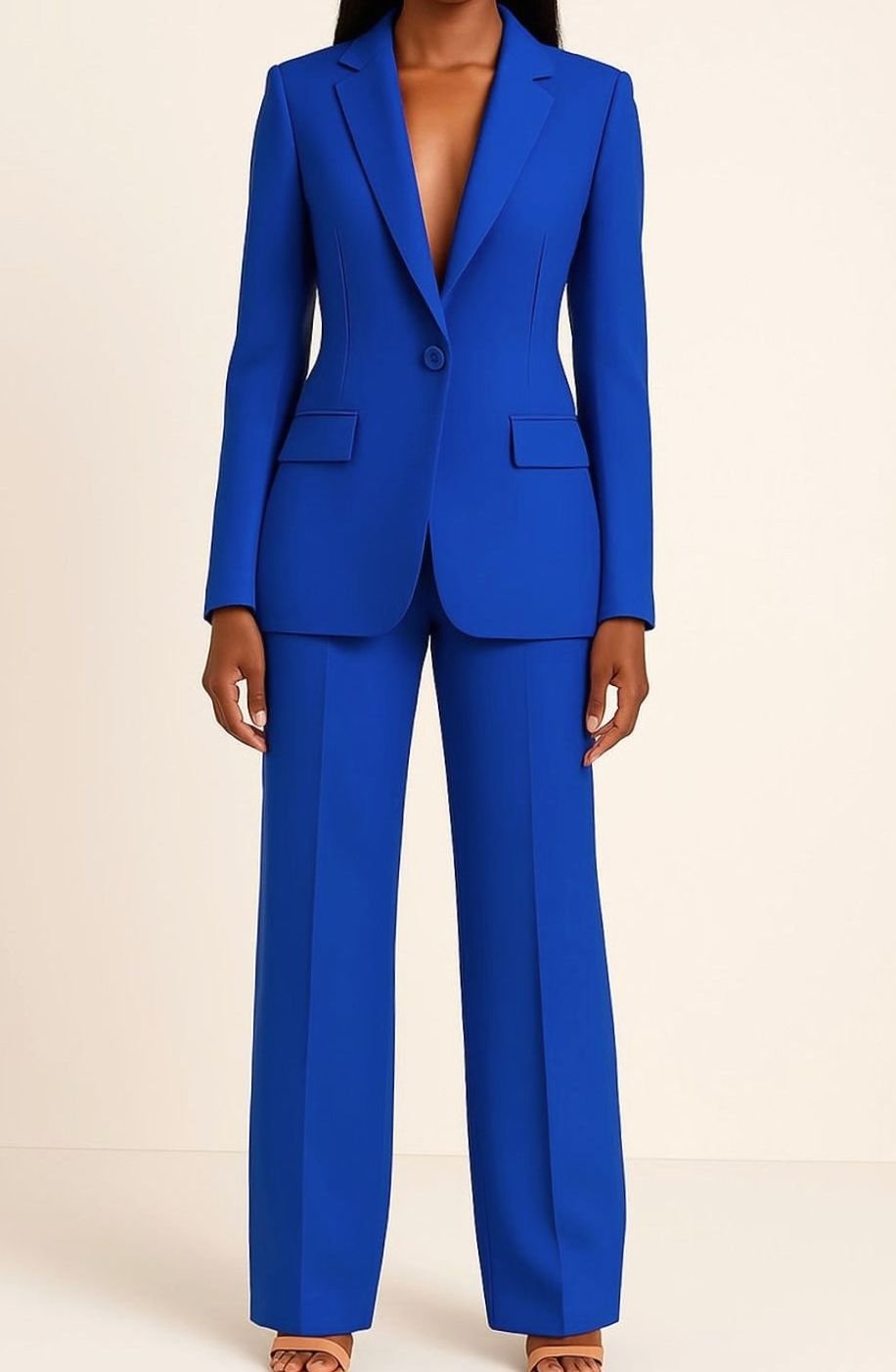 Women's Tailored Single-Button Blazer Wide-Leg Suit Set - Blue