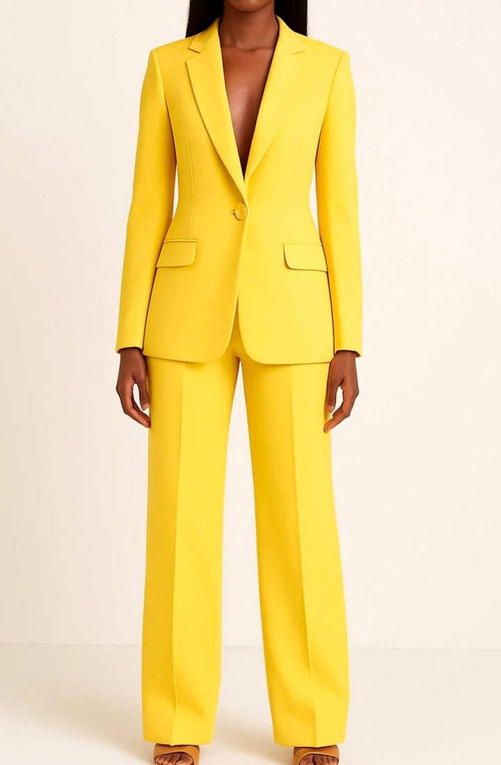 Women's Tailored Single-Button Blazer Wide-Leg Suit Set - Yellow