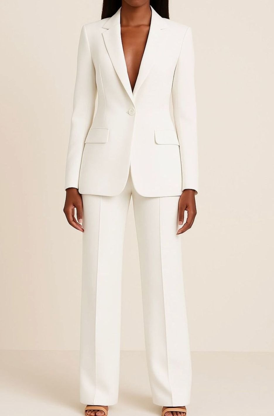 Women's Tailored Single-Button Blazer Wide-Leg Suit Set - White