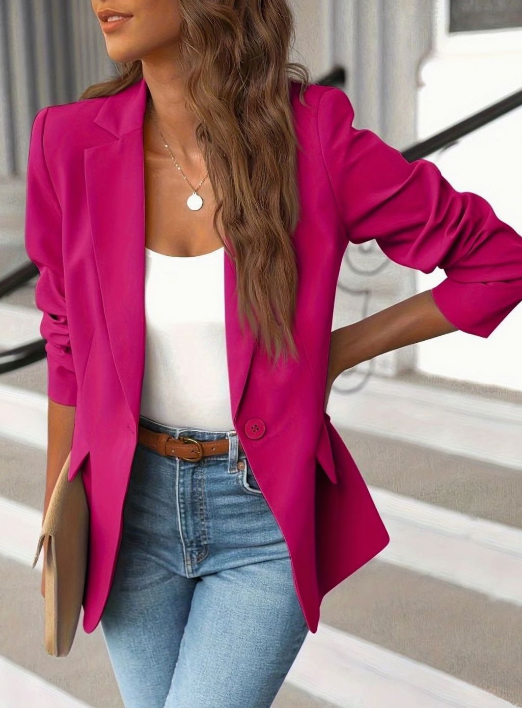 Women's Tailored Single-Button Open-Front Casual Blazer - Pink