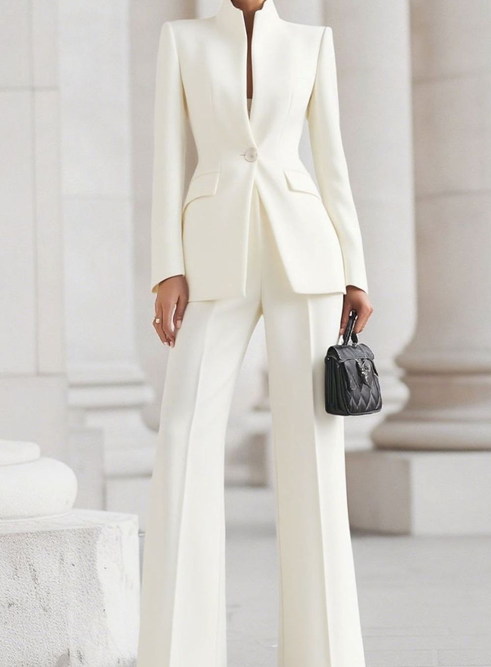 Women's Tailored Stand-Collar Single-Button Blazer Suit Set - White