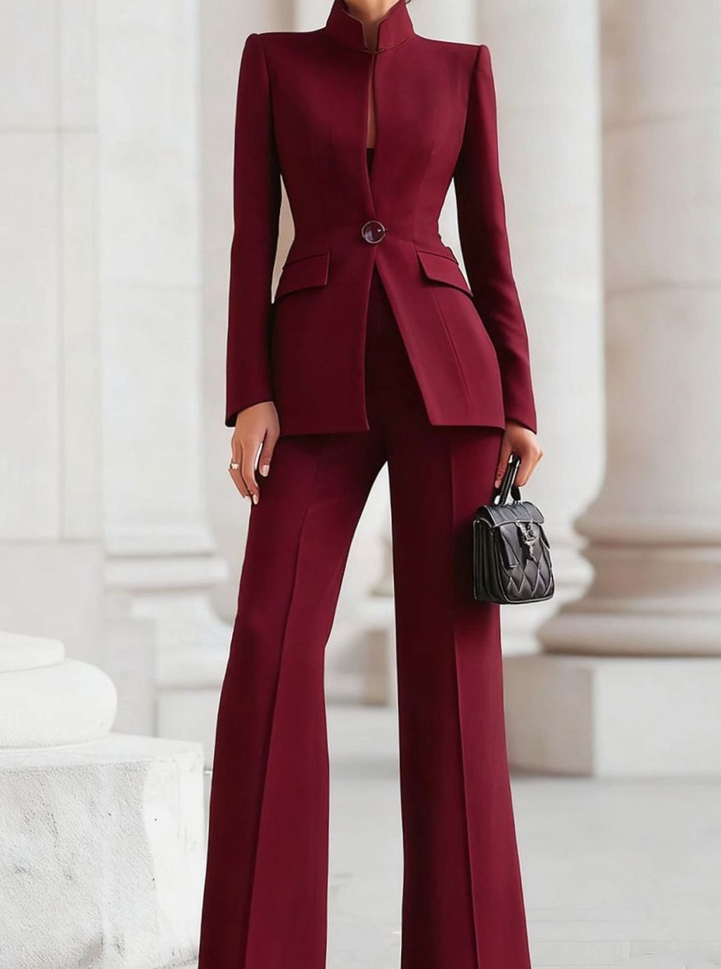Women's Tailored Stand-Collar Single-Button Blazer Suit Set - Bordeaux Red