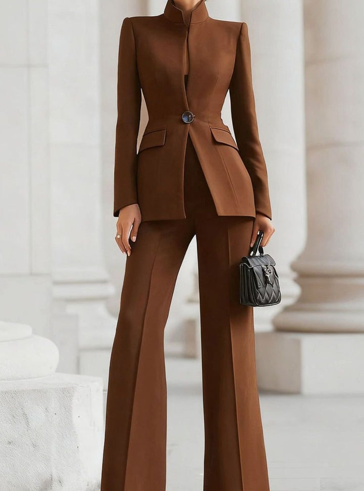 Women's Tailored Stand-Collar Single-Button Blazer Suit Set - Brown
