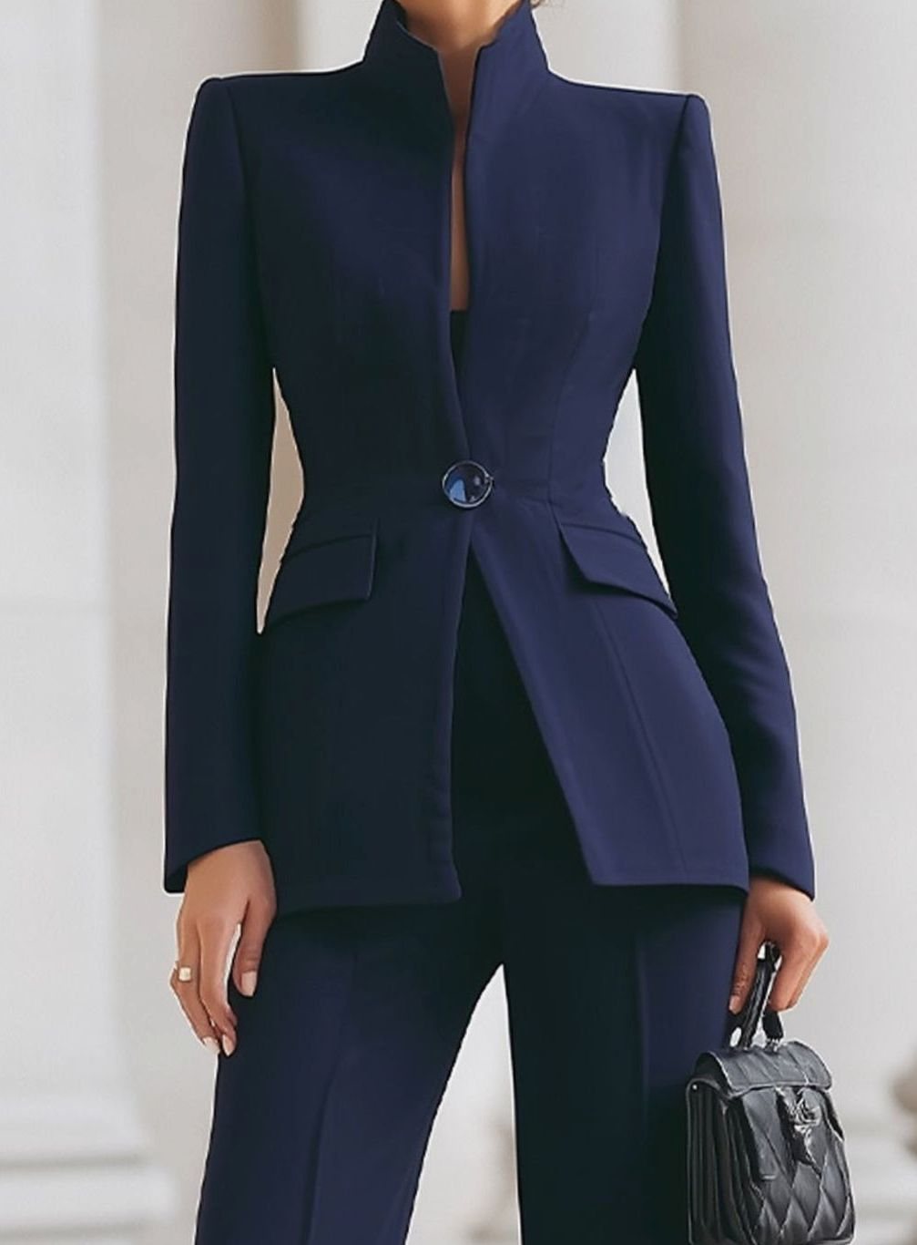 Women's Tailored Stand-Collar Single-Button Blazer Suit Set