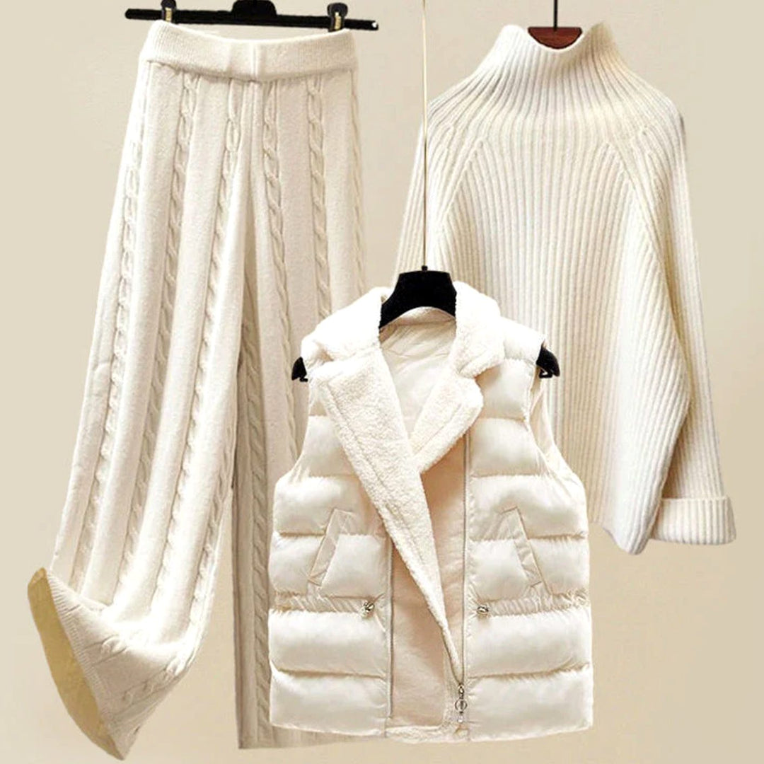 Women's Three-Piece Turtleneck Sweater Wide-Leg Knit Loungewear Set - White
