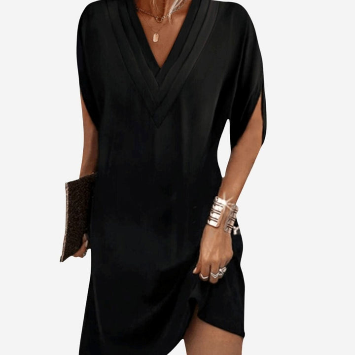 Women's Tummy-Hiding V-Neck Split-Sleeve Mini Dress - Black
