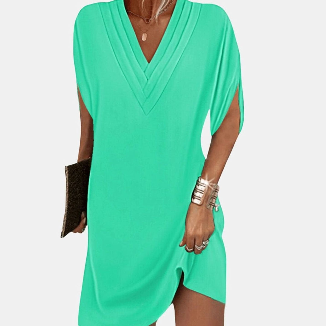 Women's Tummy-Hiding V-Neck Split-Sleeve Mini Dress - Bright Green
