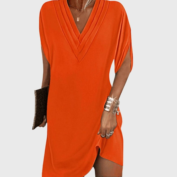 Women's Tummy-Hiding V-Neck Split-Sleeve Mini Dress - Orange