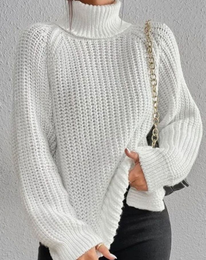 Women's Turtleneck Ribbed Knit Sweater Relaxed-Fit Pullover - White