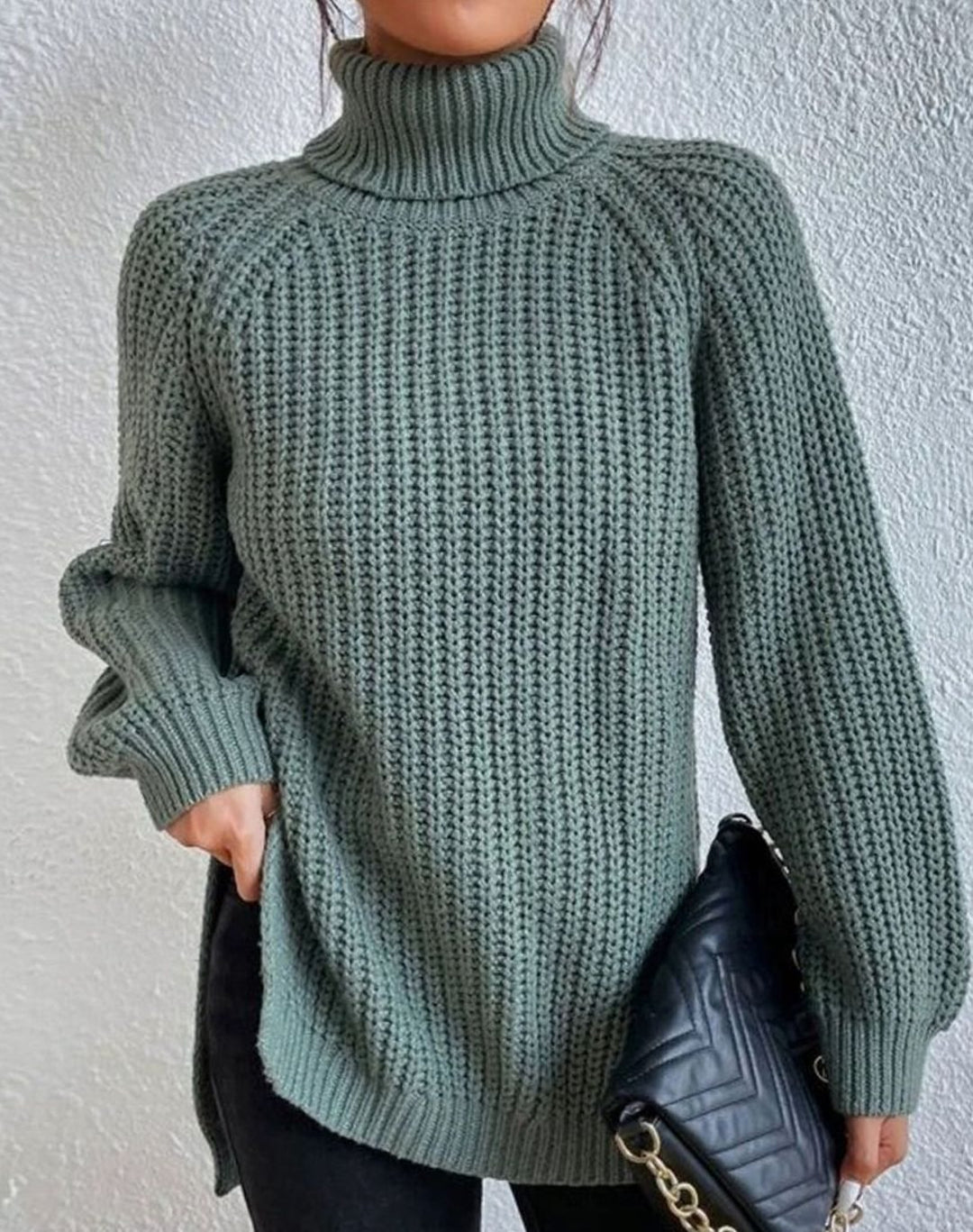 Women's Turtleneck Ribbed Knit Sweater Relaxed-Fit Pullover - Green