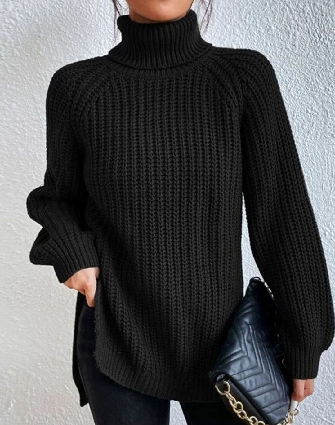 Women's Turtleneck Ribbed Knit Sweater Relaxed-Fit Pullover - Black