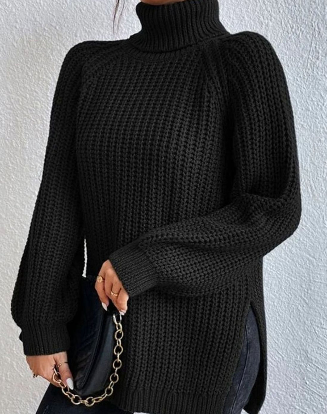Women's Turtleneck Ribbed Knit Sweater Relaxed-Fit Pullover
