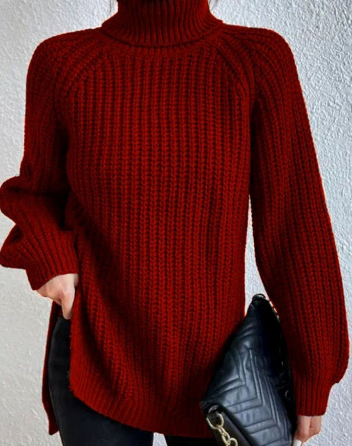 Women's Turtleneck Ribbed Knit Sweater Relaxed-Fit Pullover - Burgundy