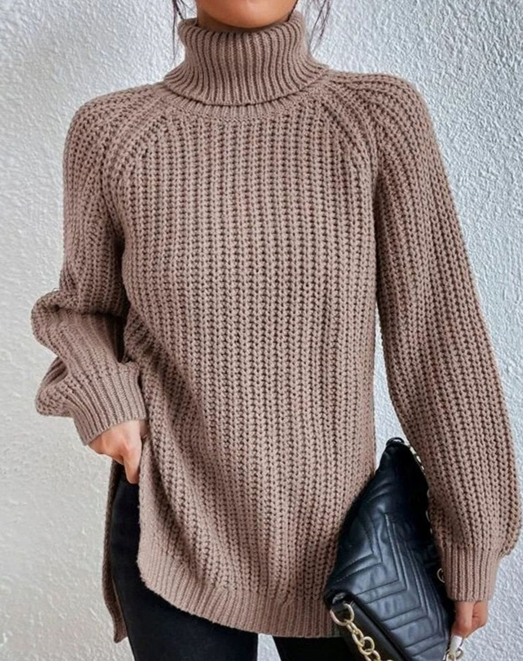 Women's Turtleneck Ribbed Knit Sweater Relaxed-Fit Pullover - Khaki
