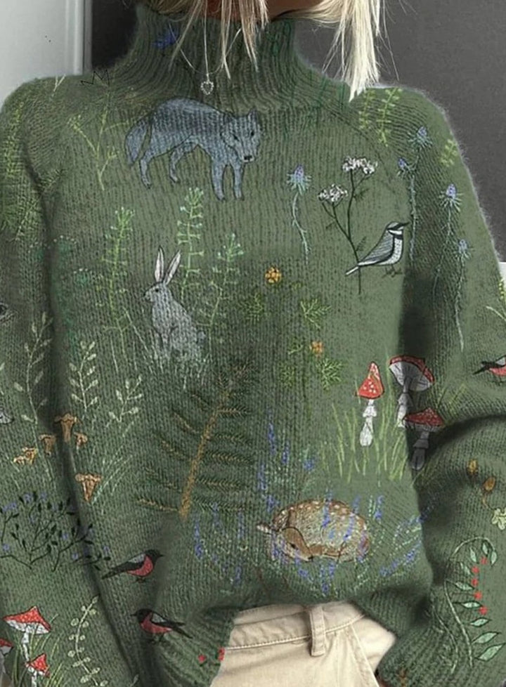 Women's Turtleneck Woodland Print Comfortable Sweater - Green