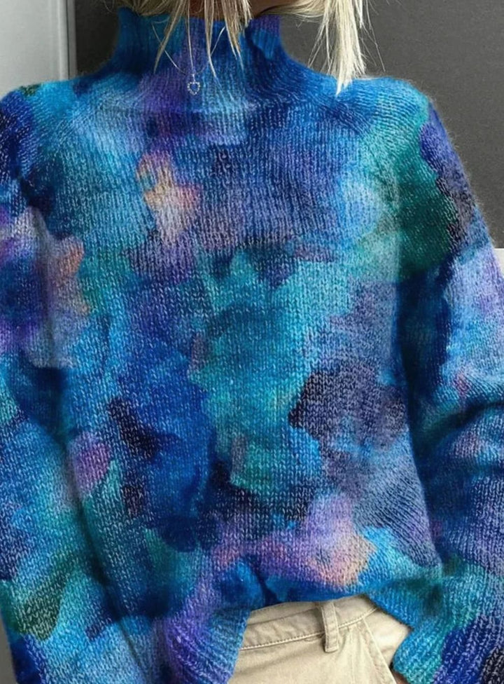 Women's Turtleneck Woodland Print Comfortable Sweater - Blue
