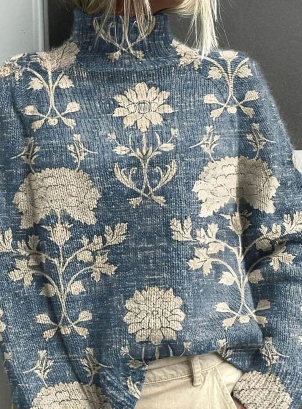 Women's Turtleneck Woodland Print Comfortable Sweater - Light Blue