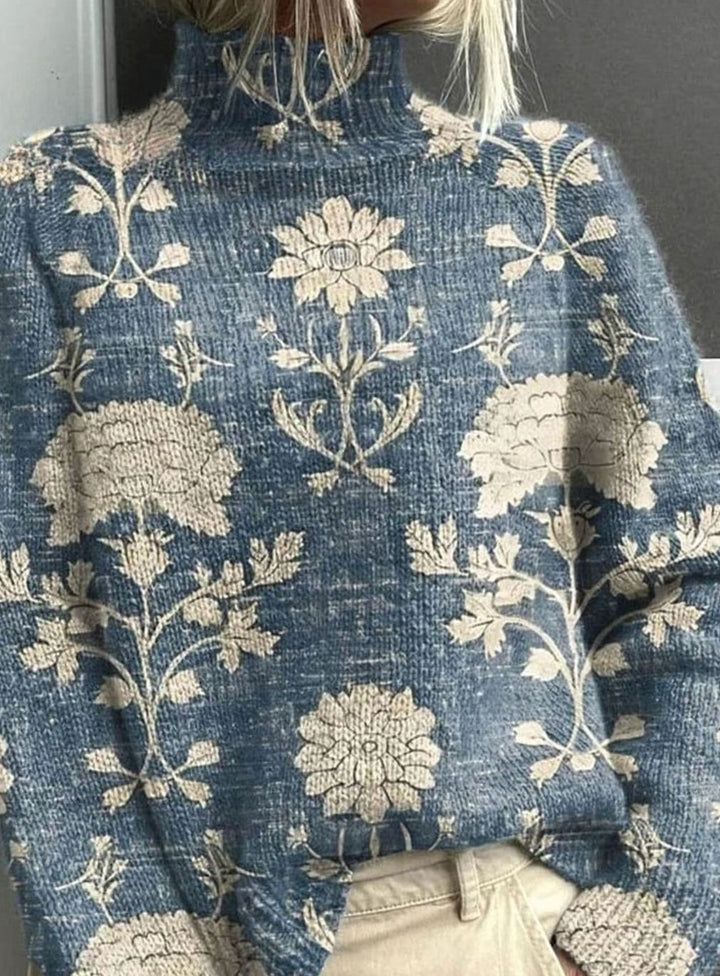 Women's Turtleneck Woodland Print Comfortable Sweater - Light Blue