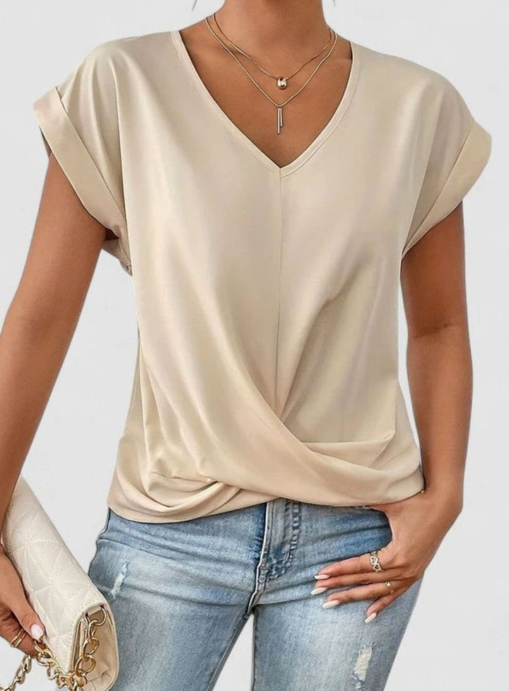 Women's Twist-Front V-Neck Top Cuffed-Sleeve Relaxed Blouse - Beige