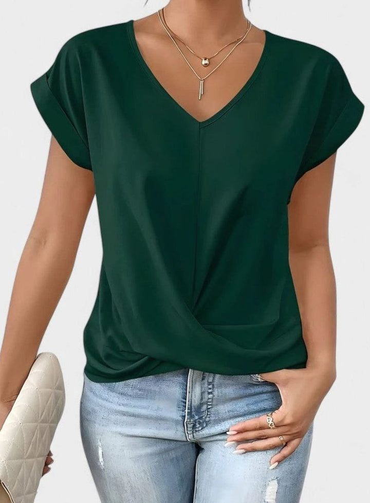 Women's Twist-Front V-Neck Top Cuffed-Sleeve Relaxed Blouse - Green
