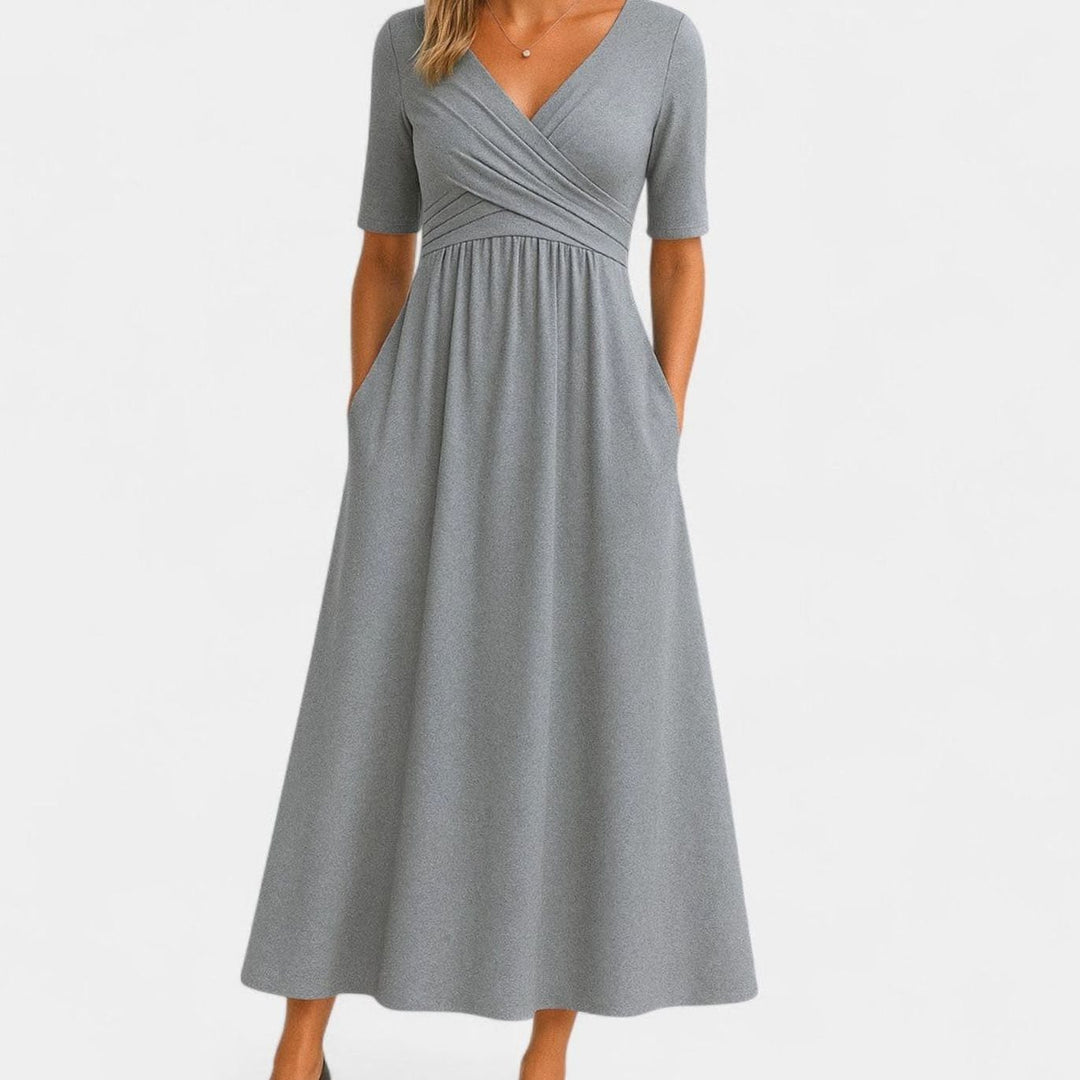 Women's V-Neck Crossover-Bodice Short-Sleeve Midi Dress - Gray