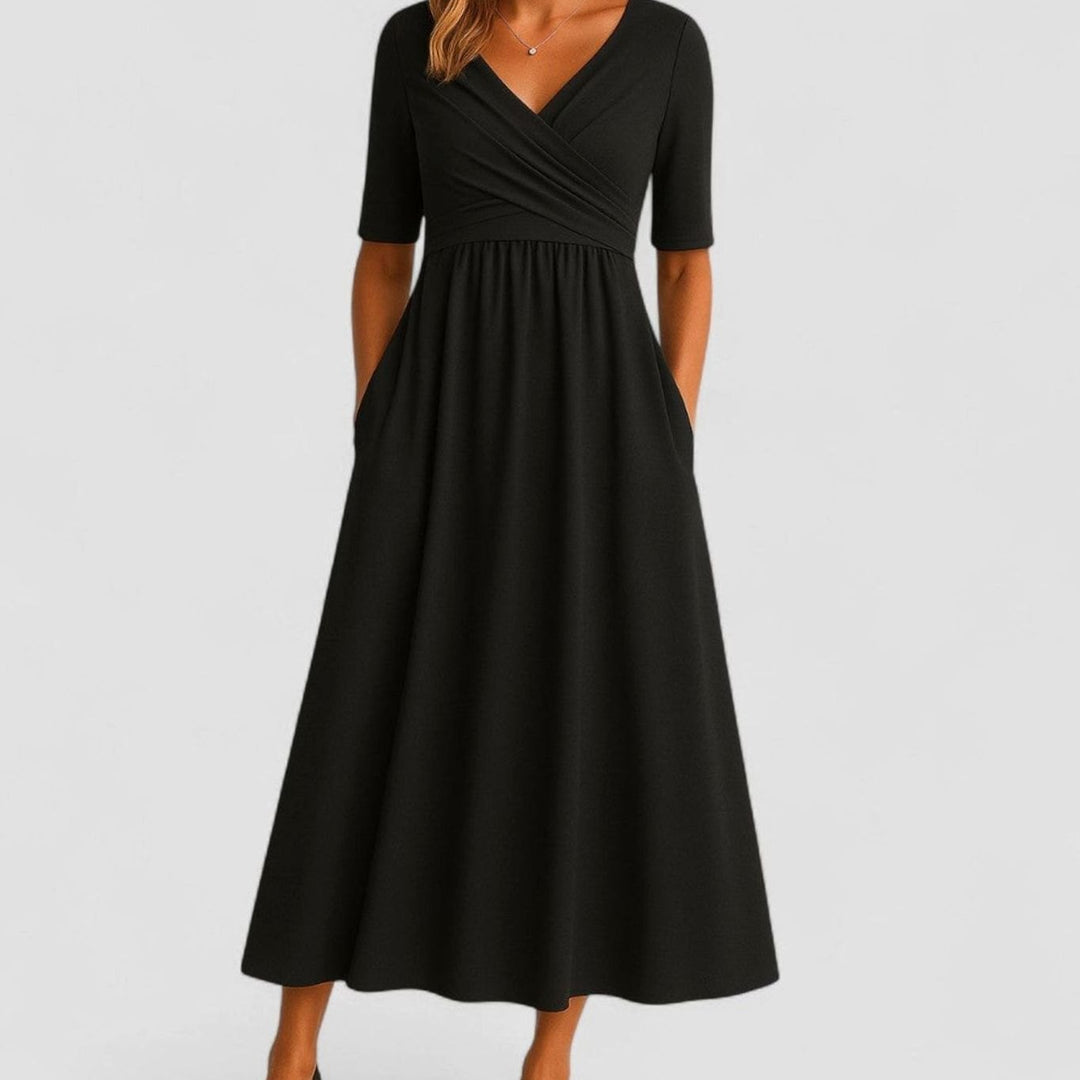 Women's V-Neck Crossover-Bodice Short-Sleeve Midi Dress - Black