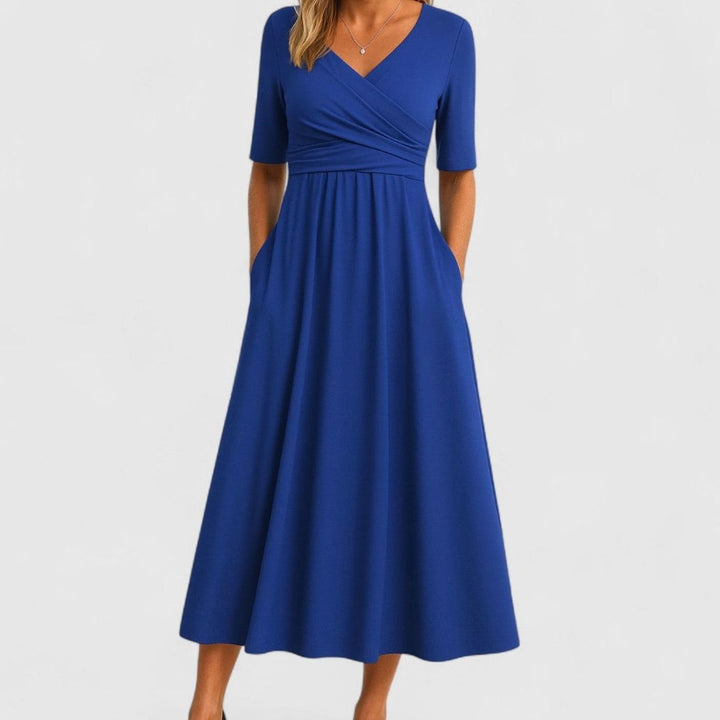 Women's V-Neck Crossover-Bodice Short-Sleeve Midi Dress - Blue