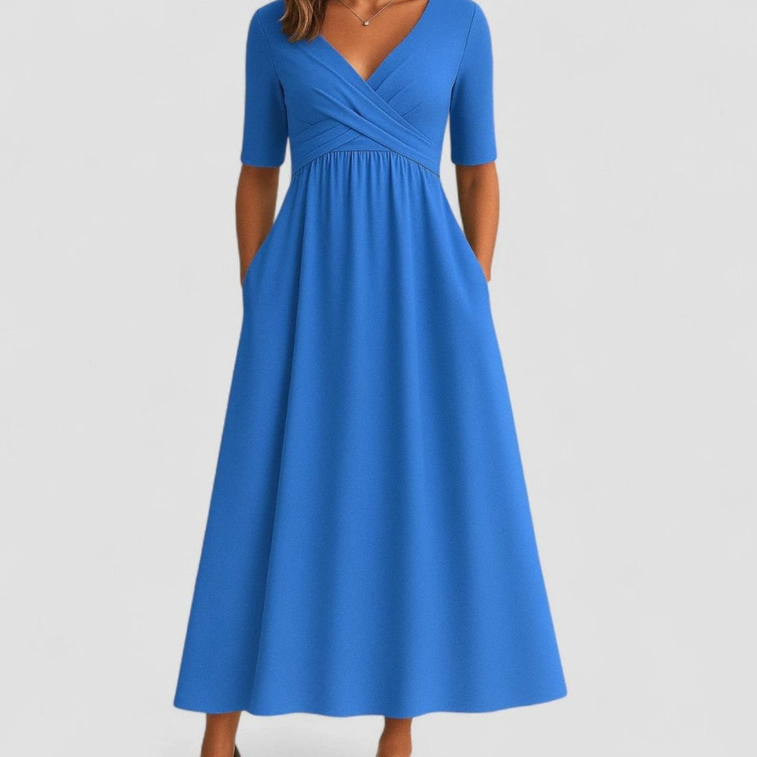 Women's V-Neck Crossover-Bodice Short-Sleeve Midi Dress - Azure