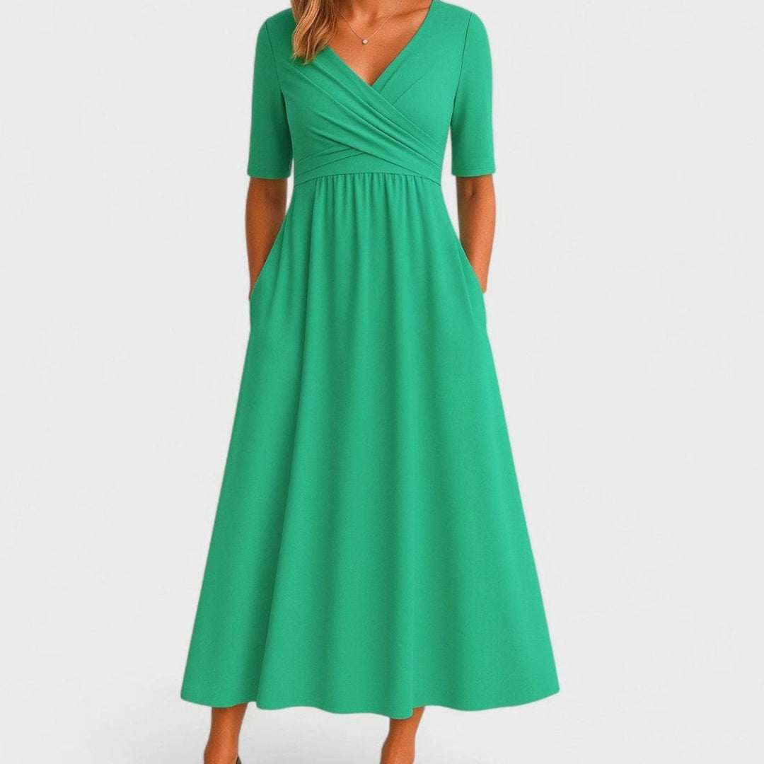 Women's V-Neck Crossover-Bodice Short-Sleeve Midi Dress - Green