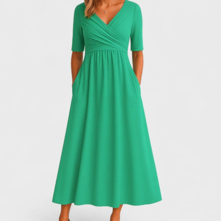 Women's V-Neck Crossover-Bodice Short-Sleeve Midi Dress - Green