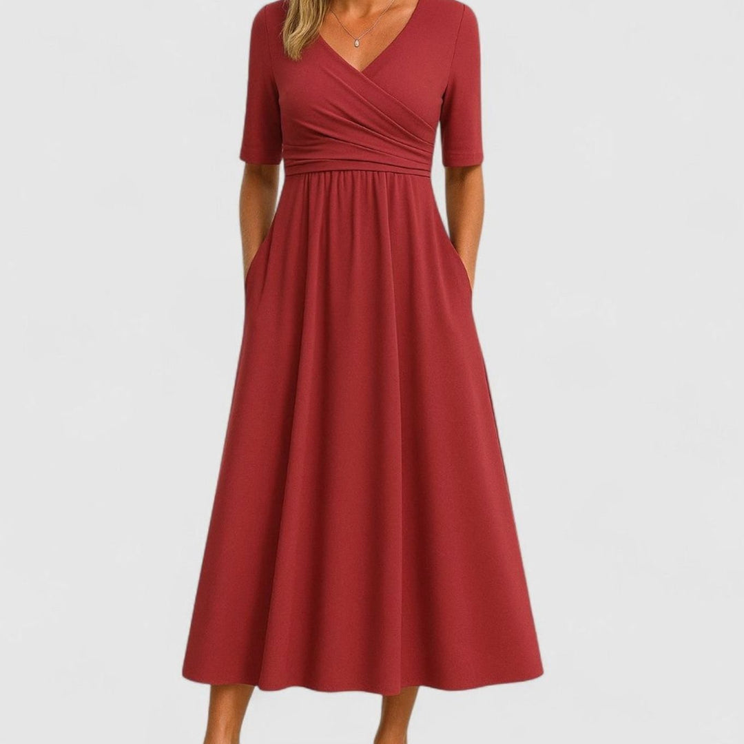 Women's V-Neck Crossover-Bodice Short-Sleeve Midi Dress - Red