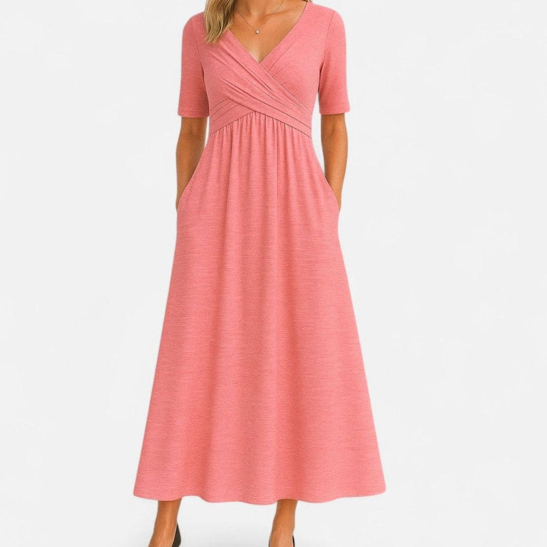 Women's V-Neck Crossover-Bodice Short-Sleeve Midi Dress - Pink