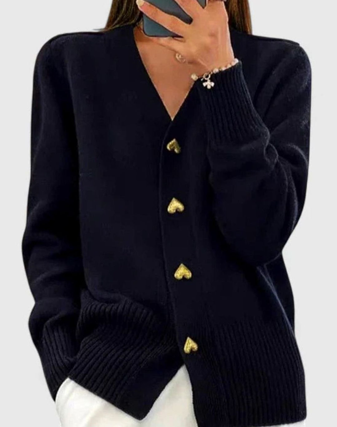 Women's V-Neck Gold Heart-Button Elegant Cardigan Sweater - Black