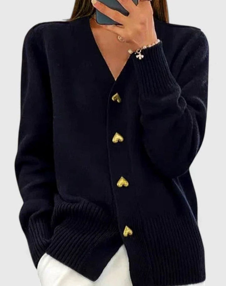 Women's V-Neck Gold Heart-Button Elegant Cardigan Sweater - Black