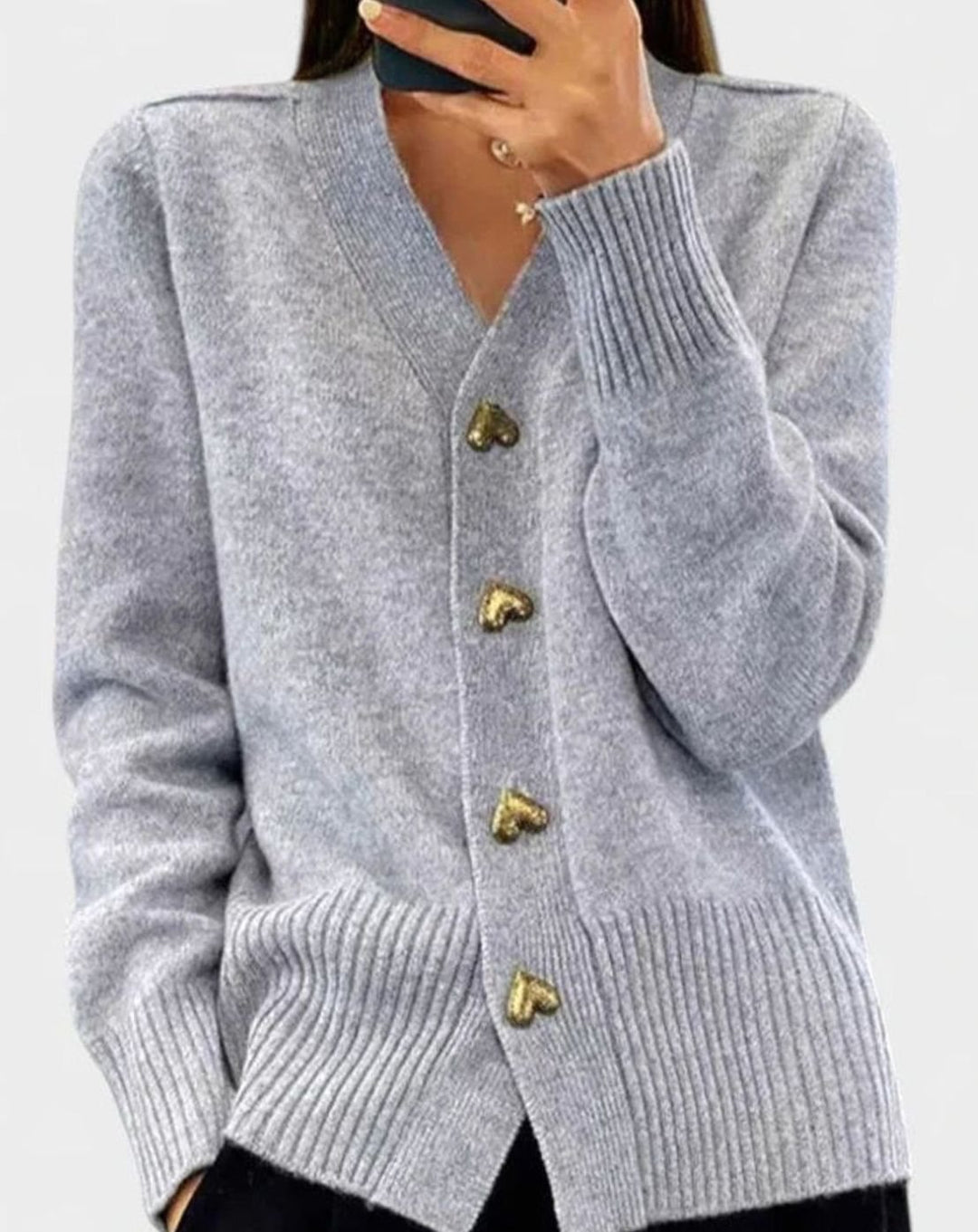 Women's V-Neck Gold Heart-Button Elegant Cardigan Sweater - Gray