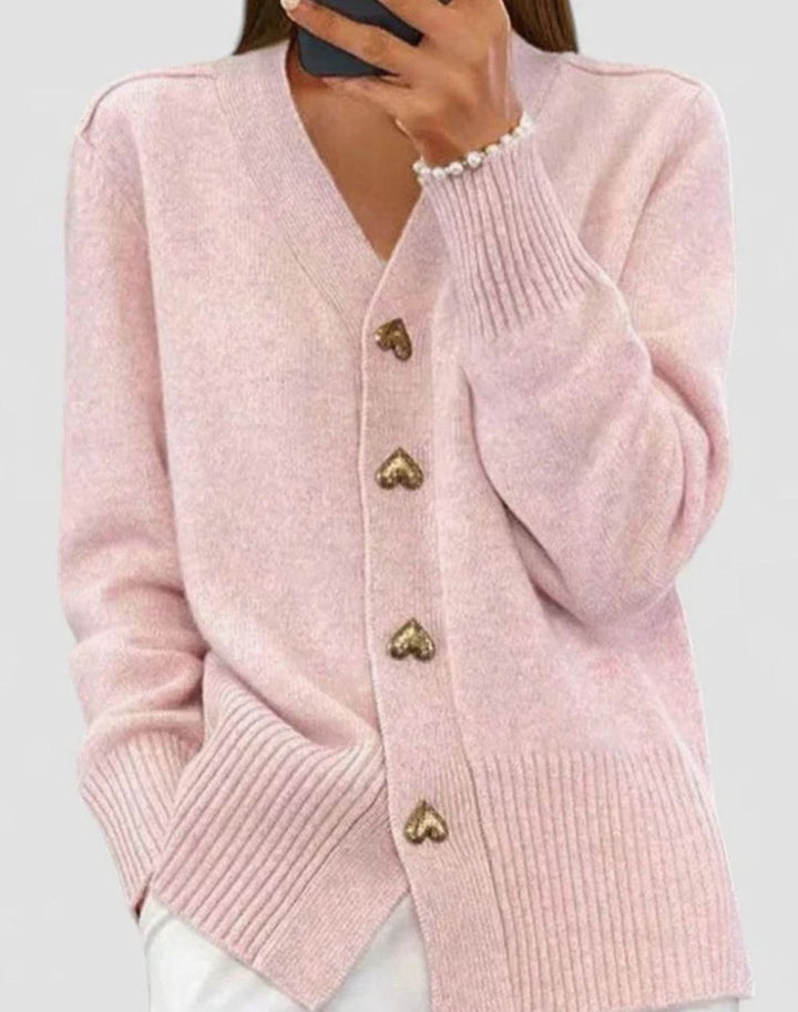 Women's V-Neck Gold Heart-Button Elegant Cardigan Sweater - Pink