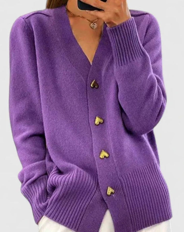 Women's V-Neck Gold Heart-Button Elegant Cardigan Sweater - Violet