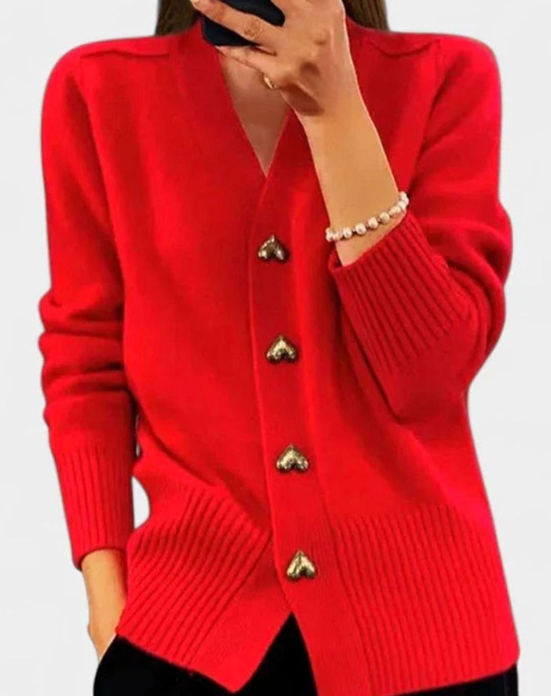 Women's V-Neck Gold Heart-Button Elegant Cardigan Sweater - Red