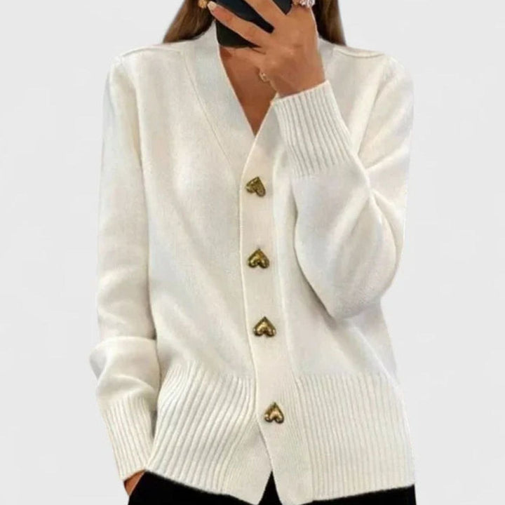 Women's V-Neck Gold Heart-Button Elegant Cardigan Sweater - White